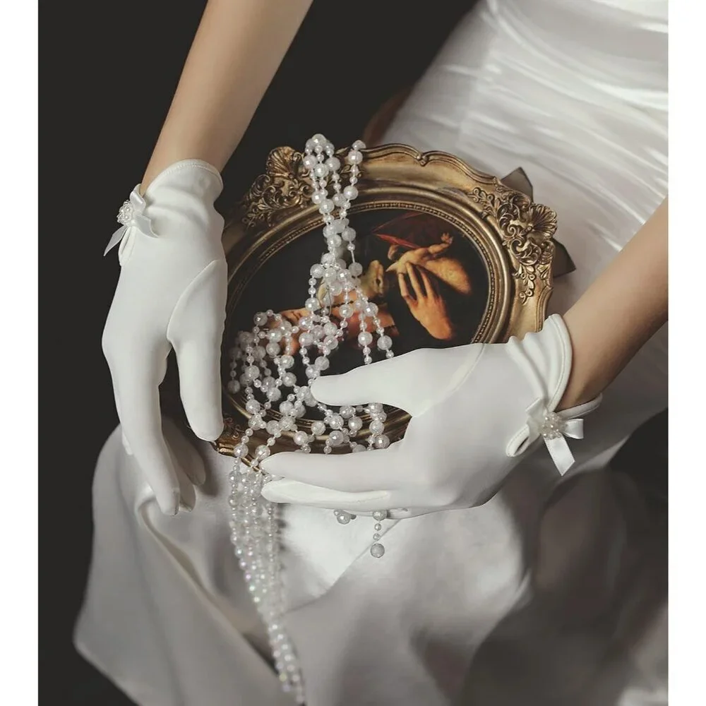 Women's Wrist Off-White Short Floral Lace Bow Gloves Elegance Wedding Party